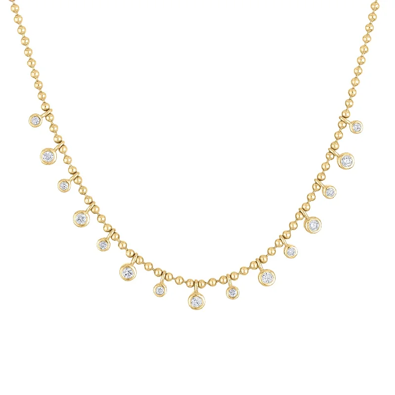 14KT GOLD DIAMOND MANY BEZEL DANGLE BALL NECKLACE