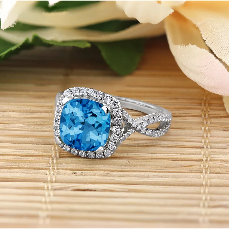 Auriya 3 1/8ct Cushion-cut Swiss Blue Topaz and Halo Diamond Engagement Ring 1/2cttw 14k Gold