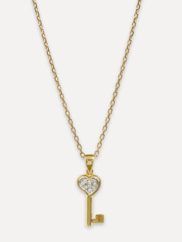 18K Vintage Diamond Heart Key Necklace