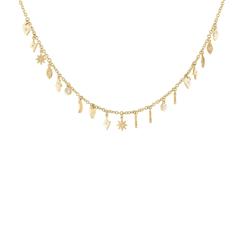 14KT GOLD DIAMOND MULTI CHARM DANGLE NECKLACE