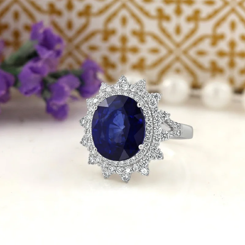 Auriya Unique 8 3/8ct Oval Royal Blue Sapphire Halo Diamond Engagement Ring 3/4ctw 18k Gold