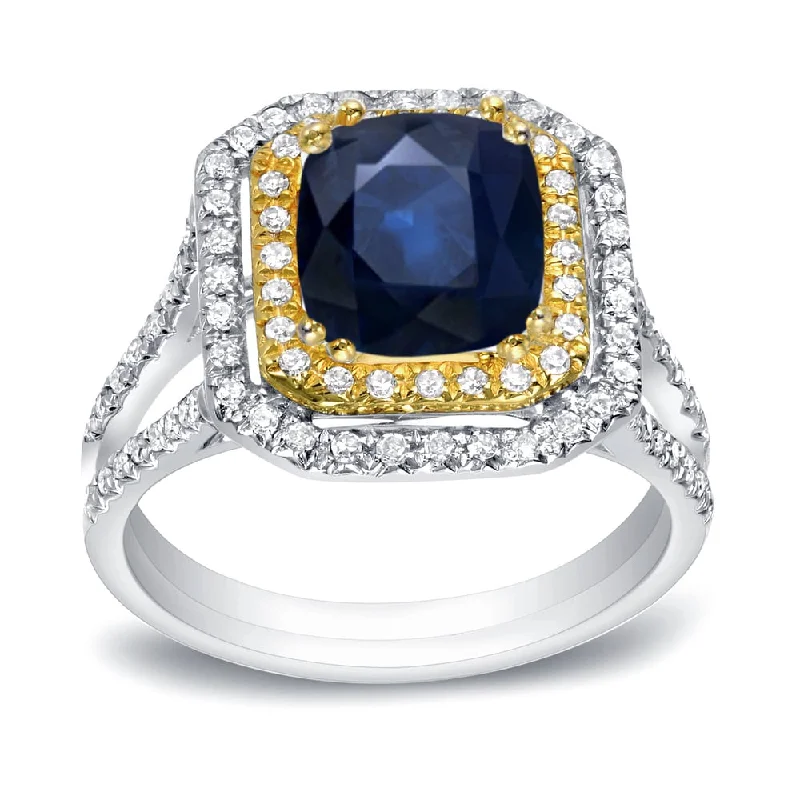 Auriya 14k Gold 1 1/3ct Cushion-cut Sapphire and Halo Diamond Engagement Ring 2/5ctw 14k Two-Tone Gold