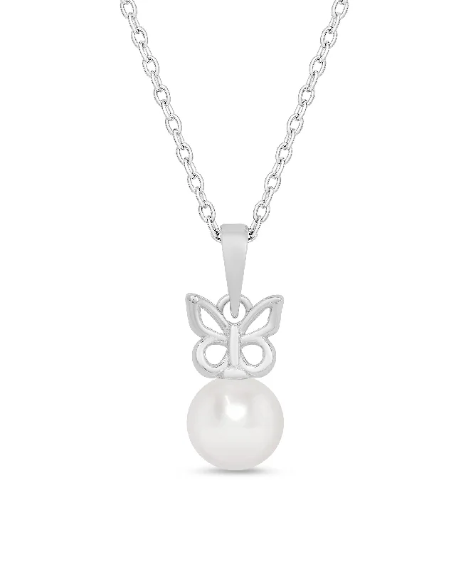 Butterfly & Freshwater Pearl Pendant in Sterling Silver