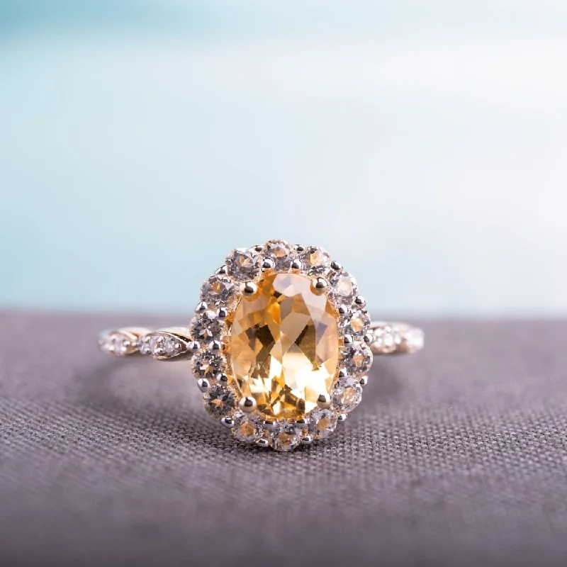 Miadora 14k Yellow Gold Oval-cut Citrine White Topaz and Diamond Accent Halo Engagement Ring