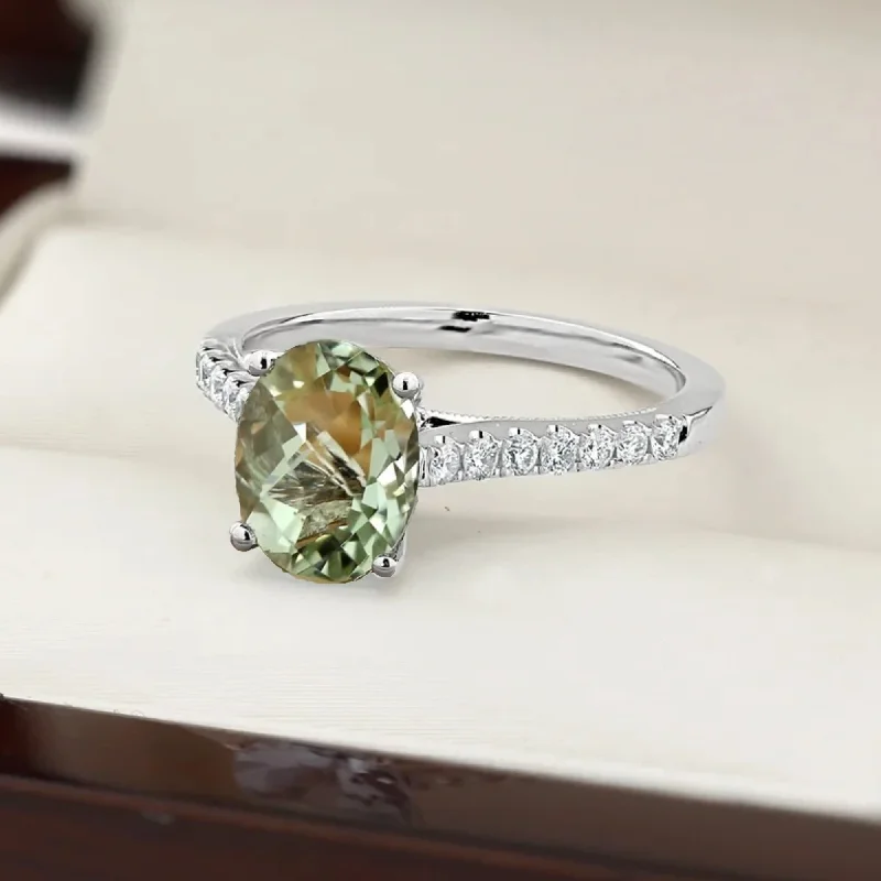 Auriya 14k Gold 9/10ct Fancy Oval Green Amethyst and Diamond Engagement Ring 1/4ctw